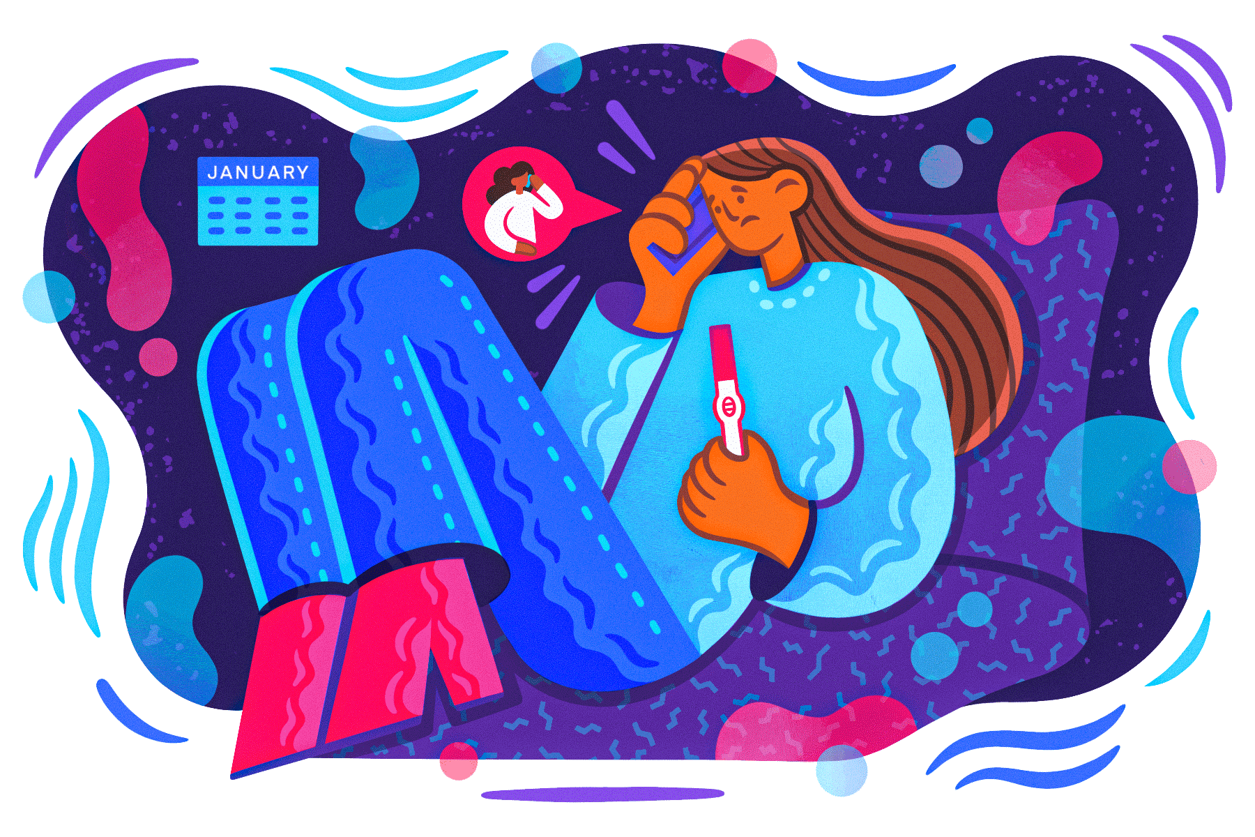 A woman sitting on her bed, on the phone, holding a positive pregnancy test.