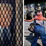 Left: A banner of President Donald Trump is seen through 8-foot-tall security fencing in Washington, D.C. Right: A protester shouts towards a line of California National Guard in downtown Los Angeles.